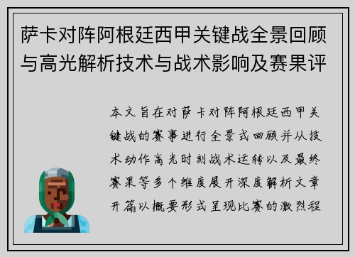 萨卡对阵阿根廷西甲关键战全景回顾与高光解析技术与战术影响及赛果评析